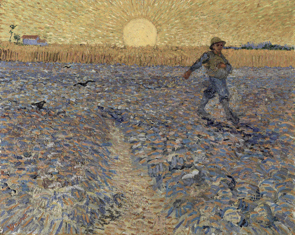 A farmer strides across a violet field scattering seed beneath a huge glowing yellow sun that dominates a golden sky.