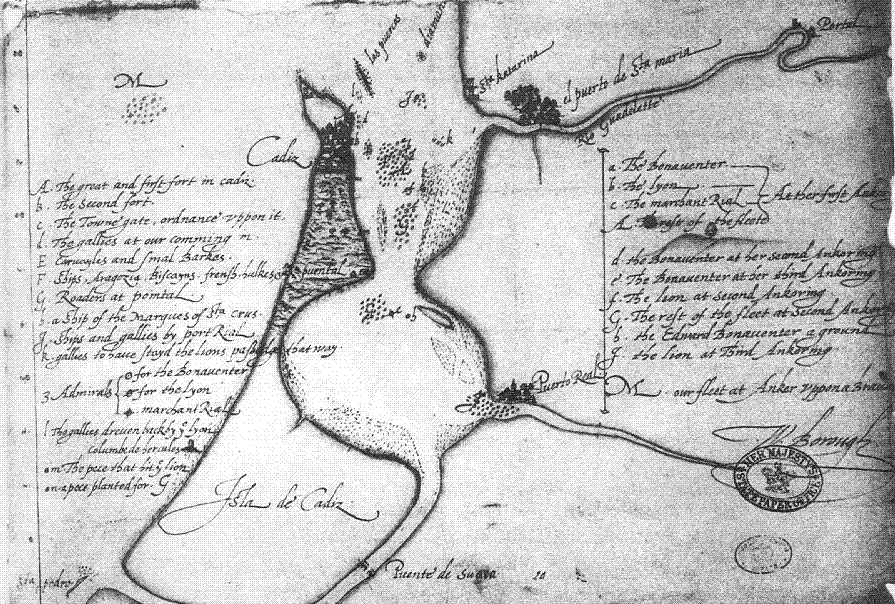 Contemporary manuscript chart of Cadiz harbour in 1587, showing the town, the forts and the anchorages of the English ships, with a handwritten key listing the Spanish and Biscayan vessels and the galleys