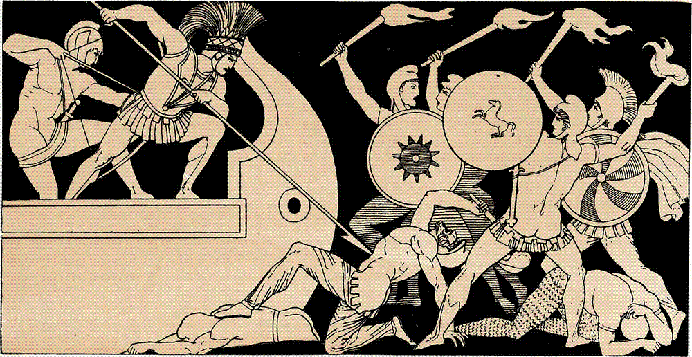 Line engraving in the style of a Greek vase painting: two Greek warriors stand on the deck of a beached ship thrusting long pikes at a press of Trojans who advance swinging blazing torches, with fallen fighters sprawled beneath them