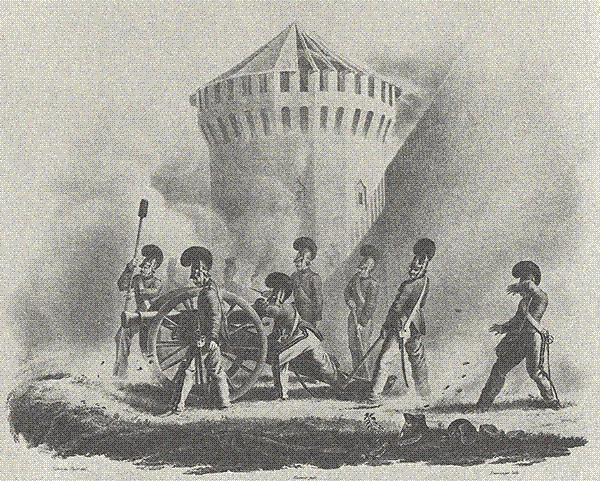 Lithograph of French artillerymen working a field gun in front of a smoking round bastion of the Smolensk city wall, with a dead soldier lying in the foreground