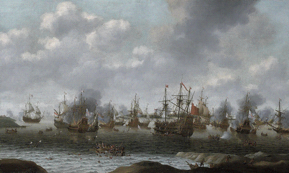 Seventeenth-century marine painting: a line of large wooden warships lies at anchor in a river estuary with flames and dark smoke rising from several of them, small Dutch rowing boats crowded with men move among the hulls, drowning sailors and floating wreckage fill the foreground water, and a few figures watch from the rocky shore