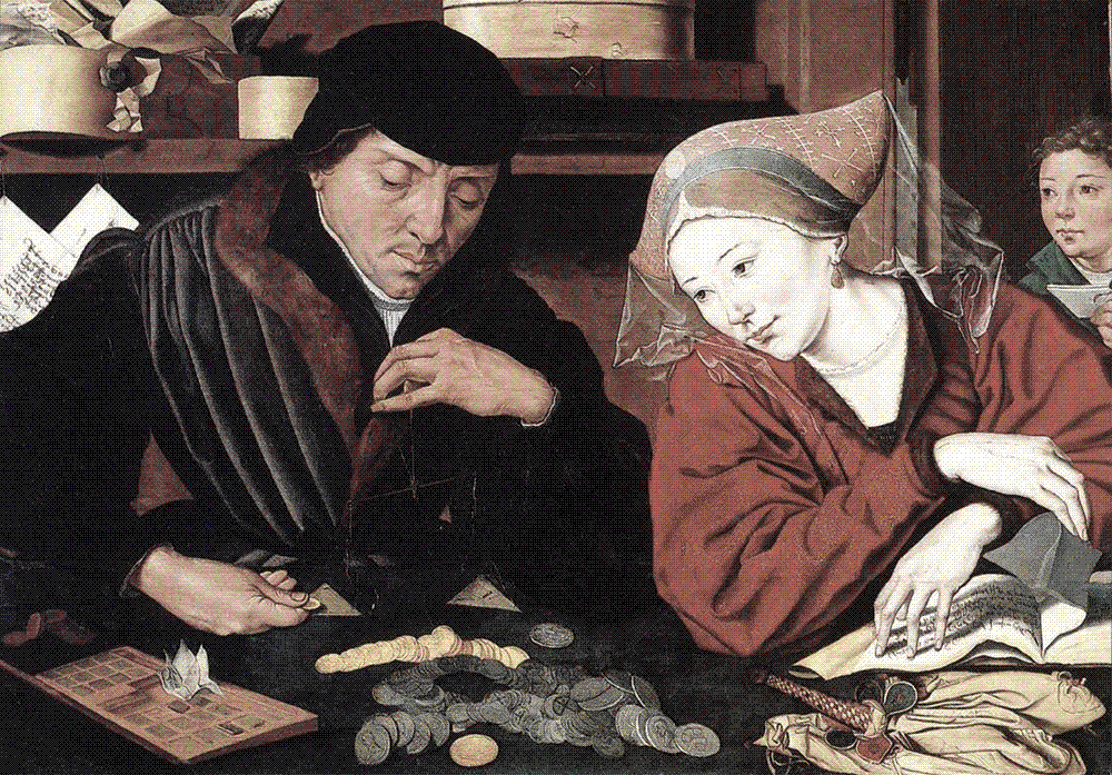 A 16th-century banker weighs gold coins on a balance while his wife watches beside an open ledger.