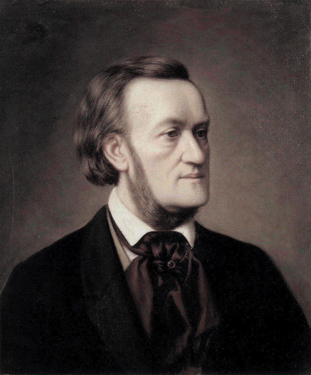 Oil portrait of a middle-aged Richard Wagner in dark coat and white cravat, seen half-length against a plain dark background, gazing slightly to one side.