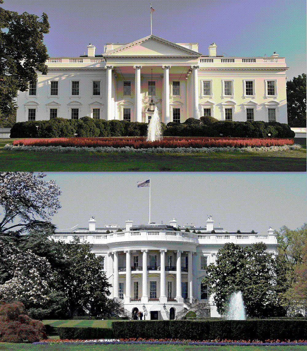 The White House in Washington, its columned north portico seen across the lawn.