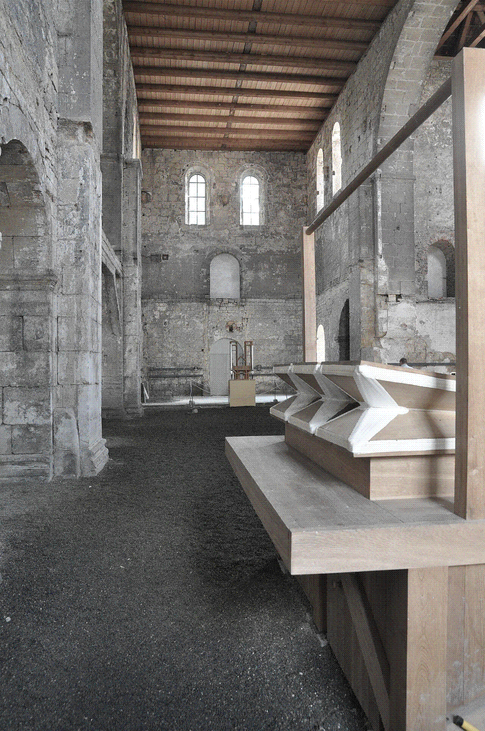 The bare medieval transept of the Burchardi church in Halberstadt, home of the 639-year John Cage organ performance