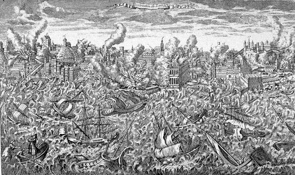 Copper engraving of Lisbon in flames while a tsunami wrecks ships in the Tagus during the earthquake of November 1, 1755