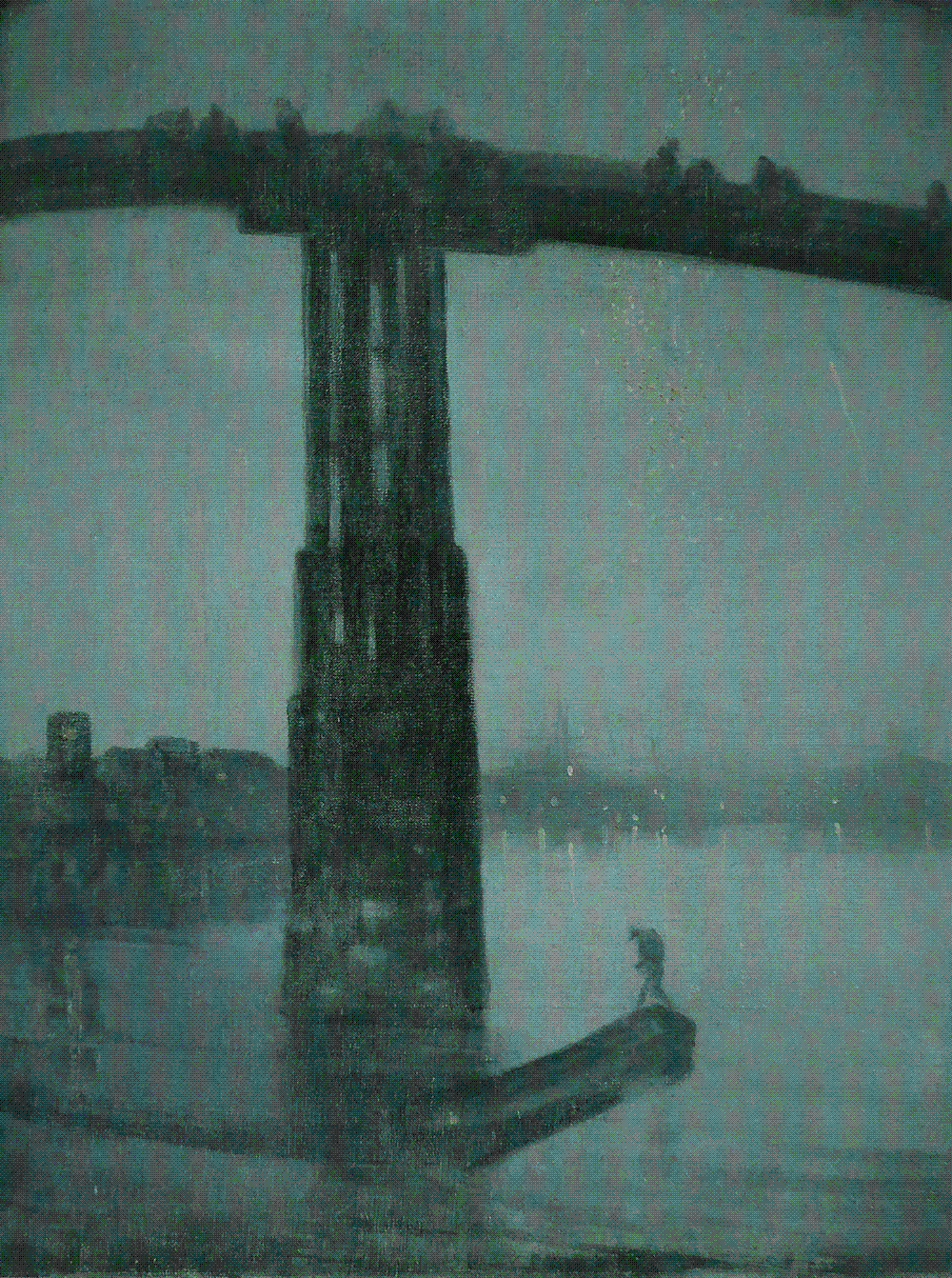 A misty nocturnal view of the Thames with the tall dark pier of Old Battersea Bridge silhouetted against a blue-black sky, faint golden lights and sparks of fireworks glimmering in the distance.