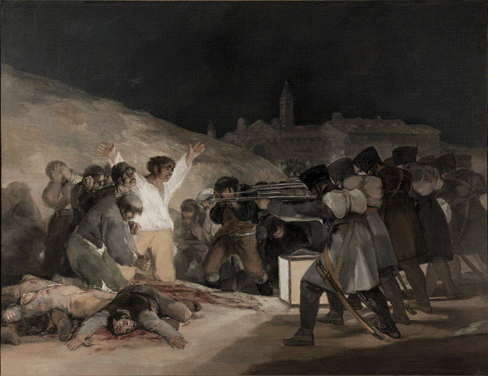 A man in a white shirt kneels with arms thrown wide before a firing squad at night, a large lantern on the ground, bodies bleeding at his feet and more victims waiting in the shadows.