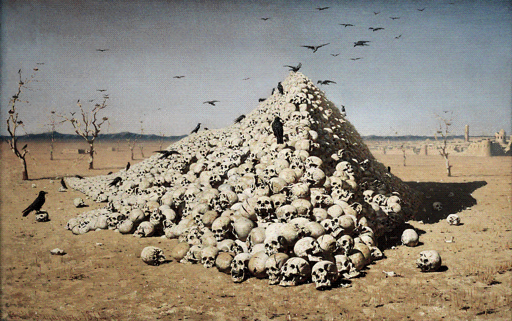 A tall pyramid built of human skulls on a barren yellow plain, crows perched on and flying around it, with the ruins of a city and bare trees in the background.