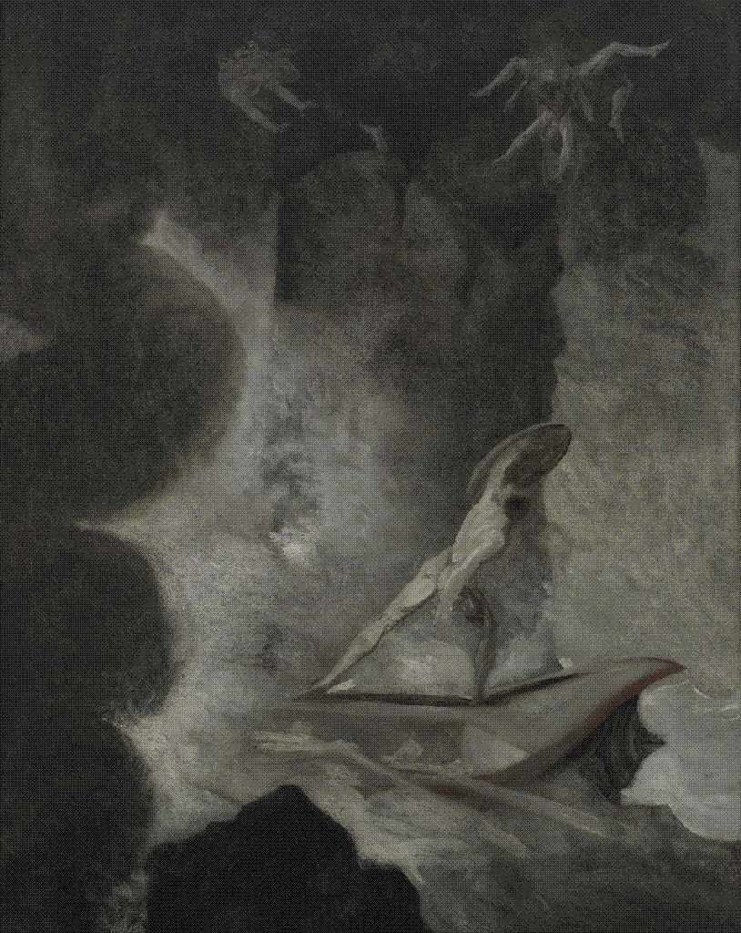 Dark oil painting of Odysseus braced in the stern of his ship between the many-headed monster Scylla above and the whirlpool Charybdis below, his crew flailing around him.