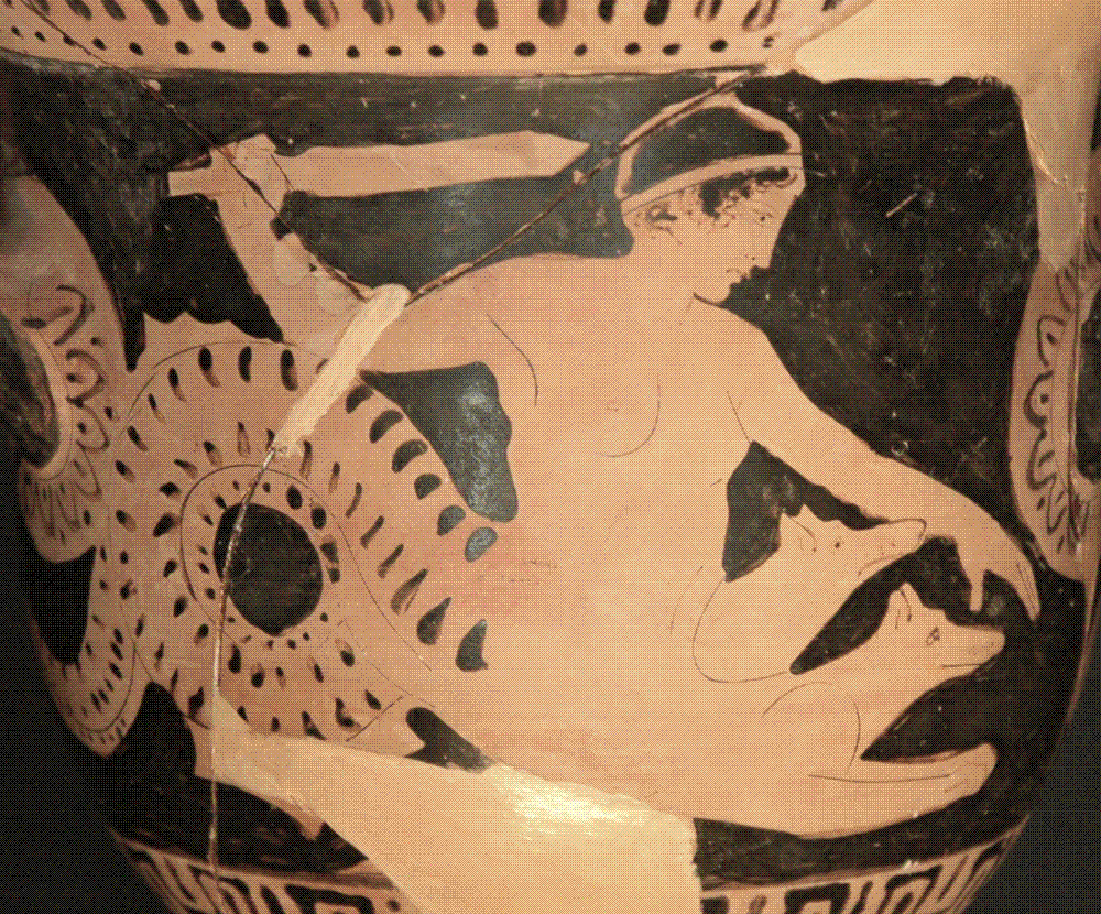 Scylla, the six-headed monster of the strait, on a Boeotian red-figure bell-krater of 450-425 BC, Louvre CA 1341