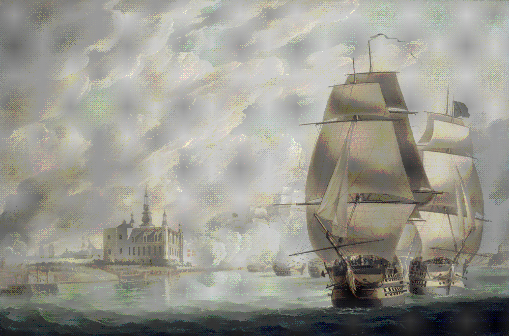 Robert Dodd's oil painting of the British fleet under sail forcing the passage of the Sound past Kronborg Castle, 30 March 1801