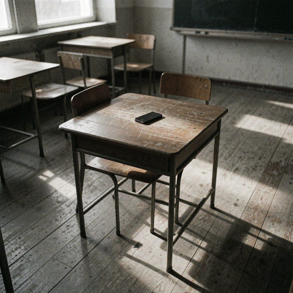 Empty school desk in late-afternoon light with a smartphone lying face-down on it