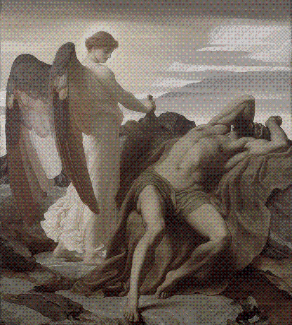 An exhausted, sun-darkened Elijah lies on parched rock in a desert while an angel brings him bread and water