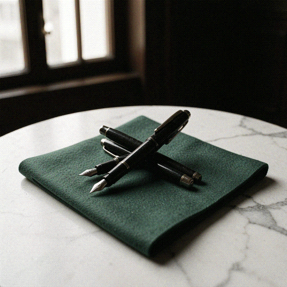 Three dark fountain pens crossed on green baize under warm ceremonial light