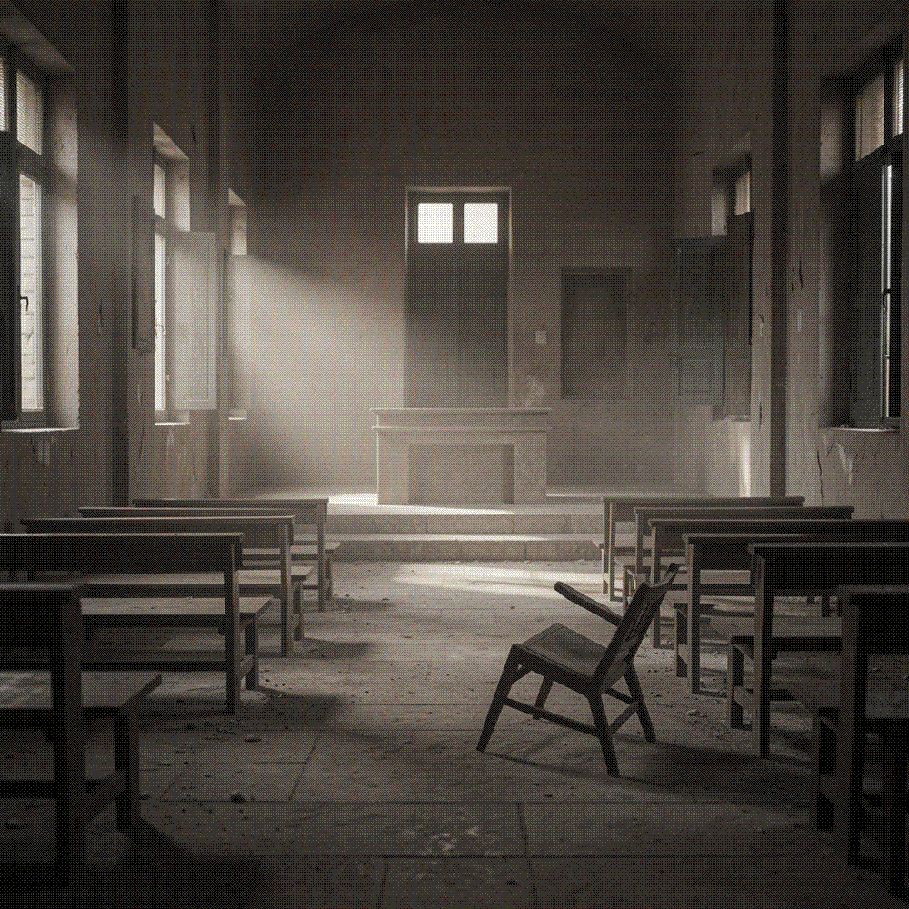An empty courtroom with rows of plain wooden benches and tall windows, dust hanging in shafts of pale light.